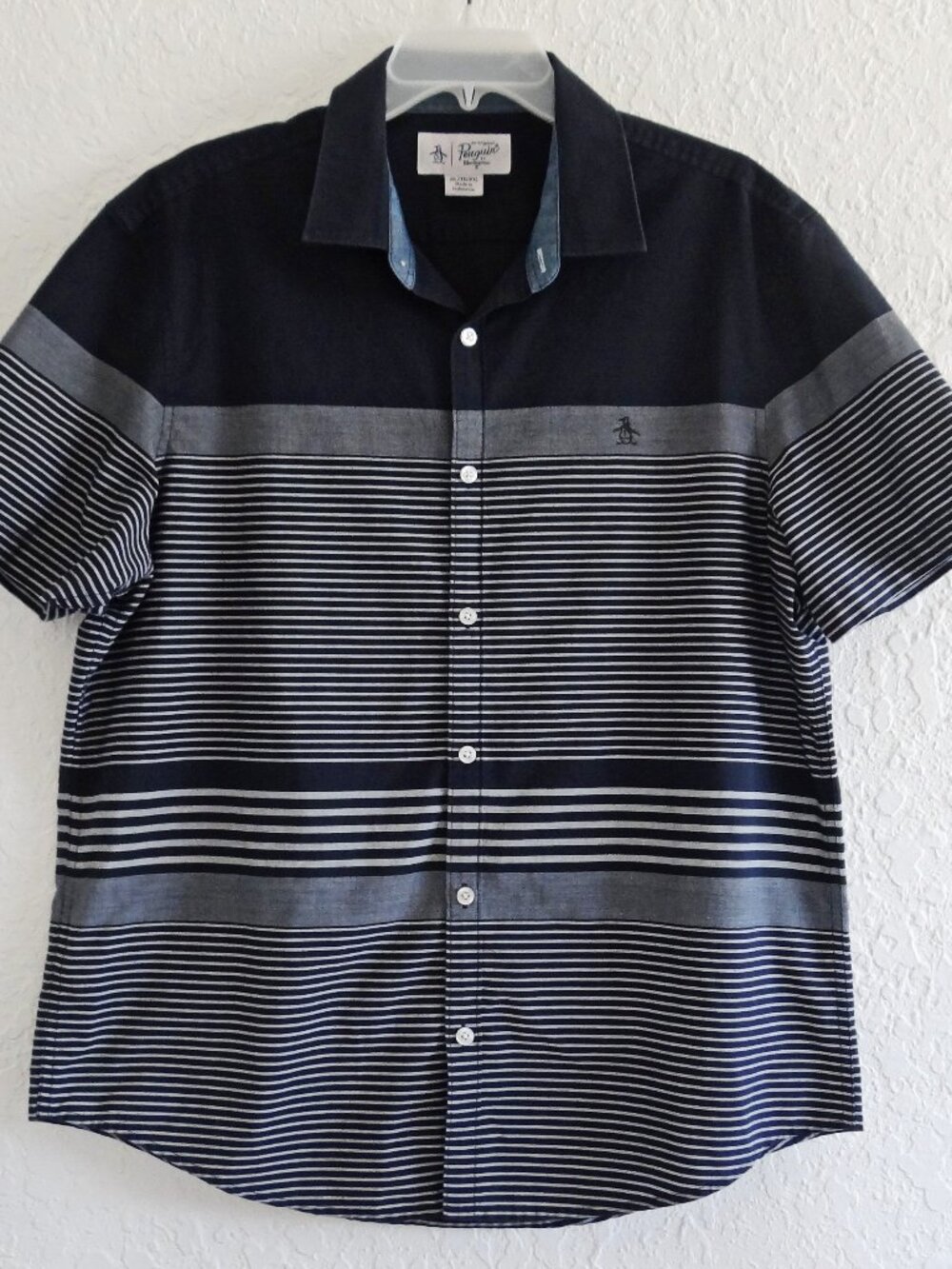 ORIGINAL PENGUIN Men's XL Striped Short Sleeve Button Up Shirt Dark Navy Gray